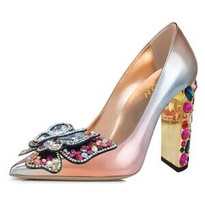 YDN Women Bow Pump Butterfly Slip on Rhinestone Chunky High Heels Multi Shoes